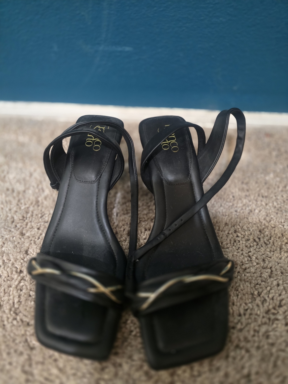 Franco Sarto Black Strappy Heeled Sandals with Gold Braid Accent